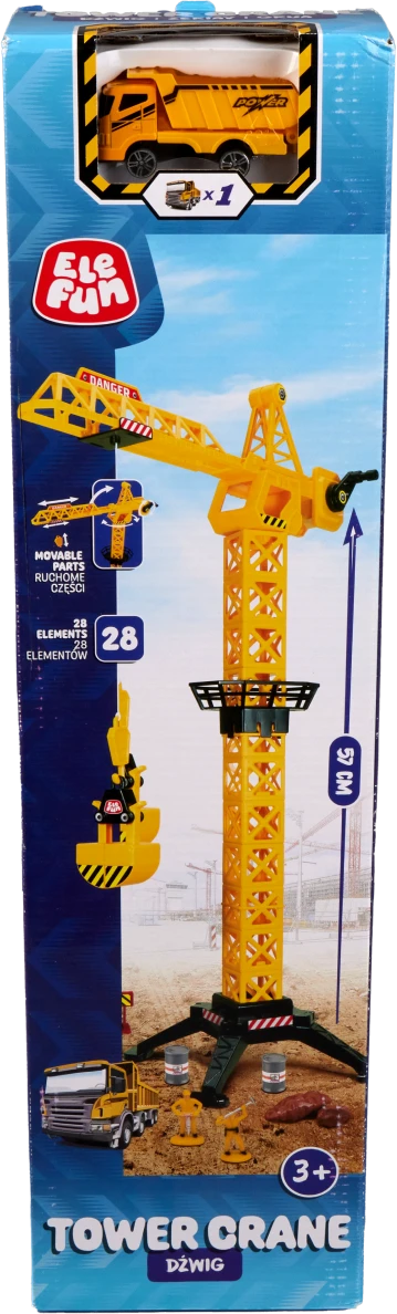 Ż&oacute;łty wysoki dźwig zabawkowy i ciężar&oacute;wka w pudełku.