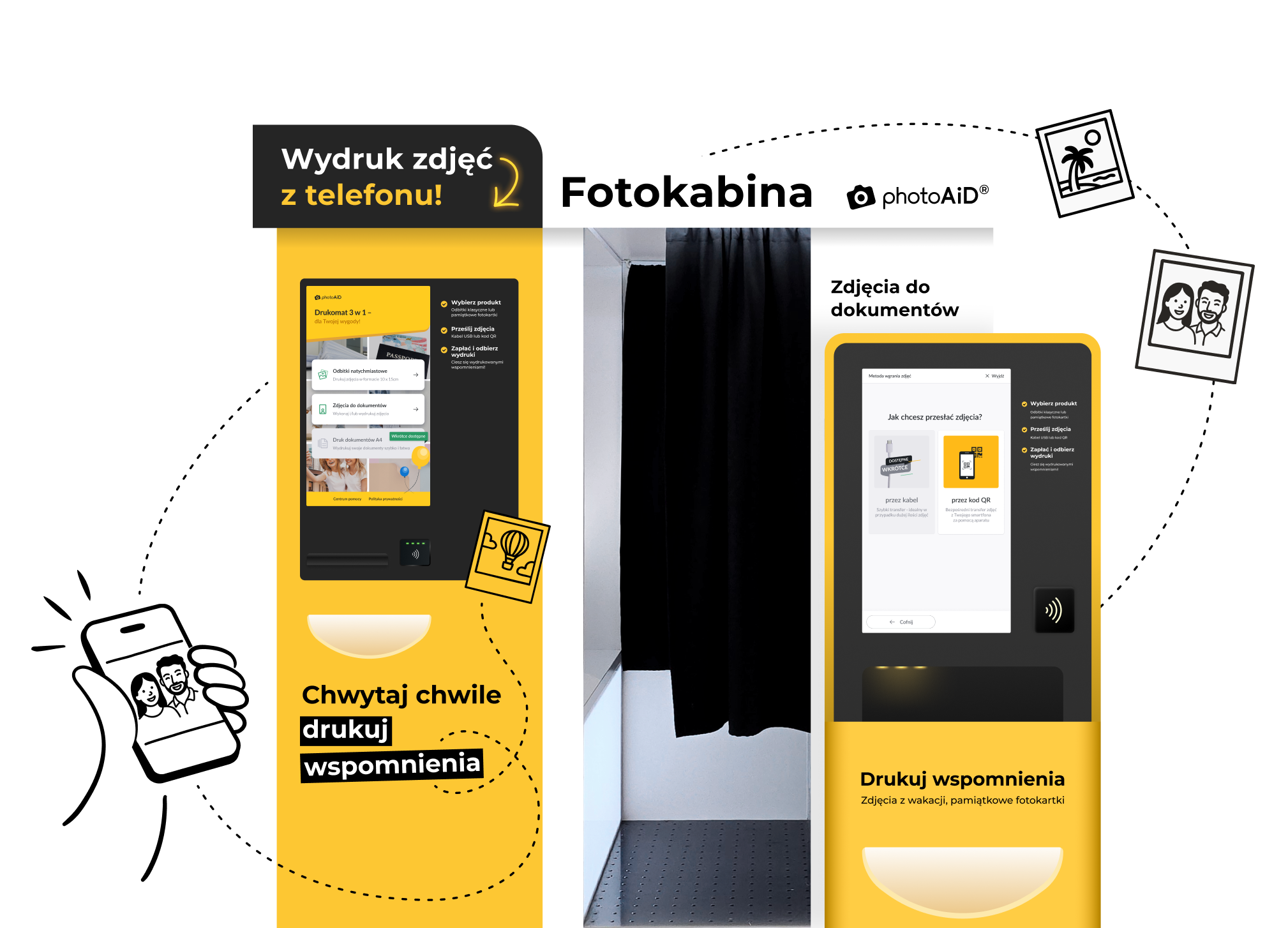 Zestaw Drukomatów i fotokabiny PhotoAiD z ekranami dotykowymi, pokazujący możliwość wydruku zdjęć z telefonu i robienia zdjęć do dokumentów na miejscu