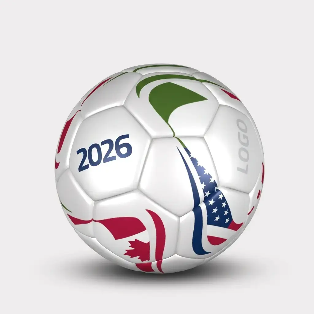 Ein handgen&auml;hter Fu&szlig;ball im klassischen 32-Panel-Design, individuell bedruckt mit Firmenlogos und sportlichen Mustern, bereit f&uuml;r die WM 2026.