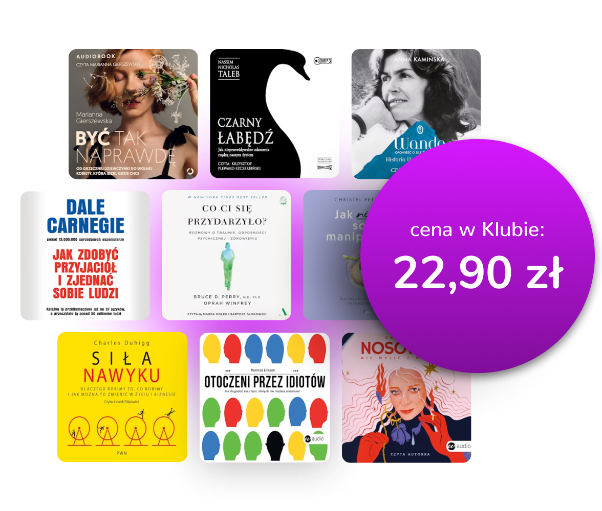 Okładki dostępnych audiobooków z nałożoną na nie ceną 22,99 zł
