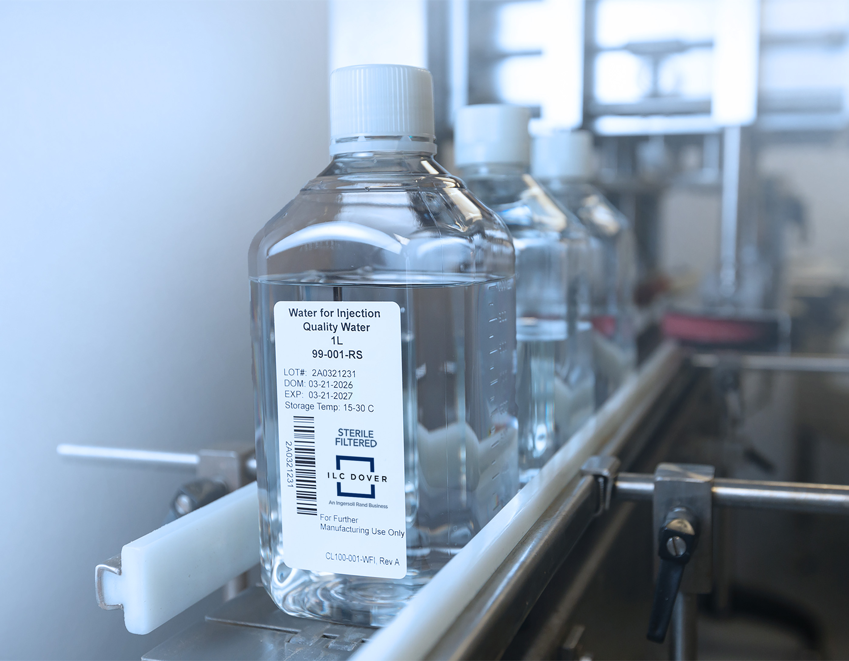 WFI Quality Water 1L bottles on the filling line at ILC Dover's cGMP facility in Lillington, NC