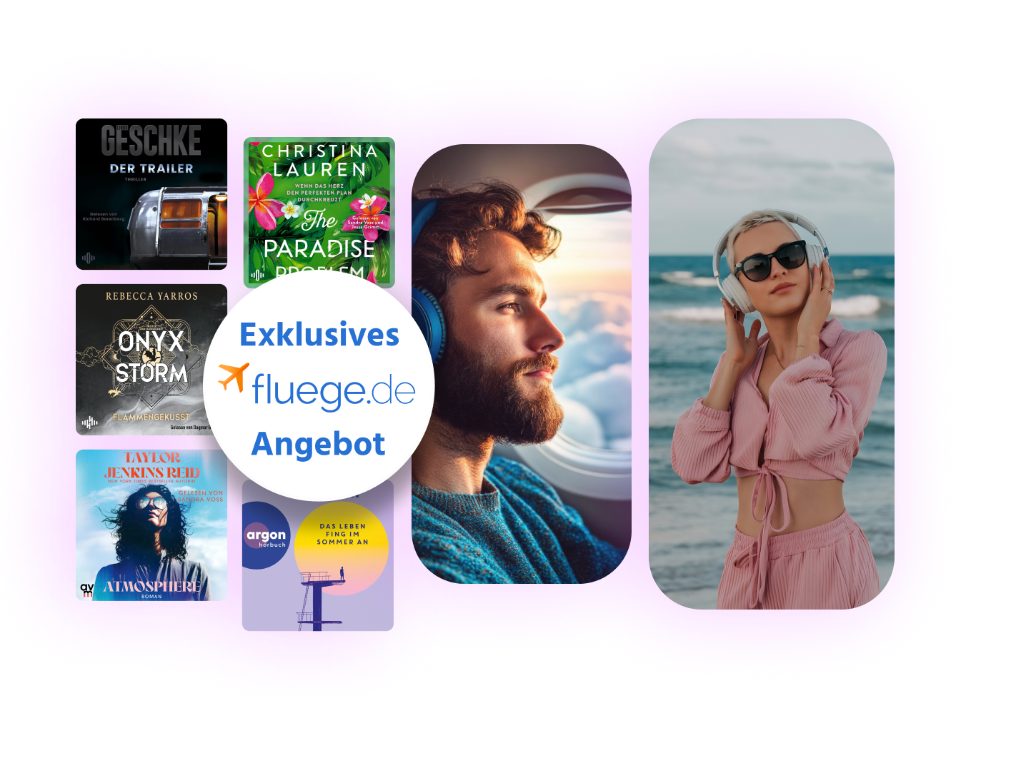 Hörbuch-Cover im Hintergrund, Badge: exklusives fluege.de Angebot
