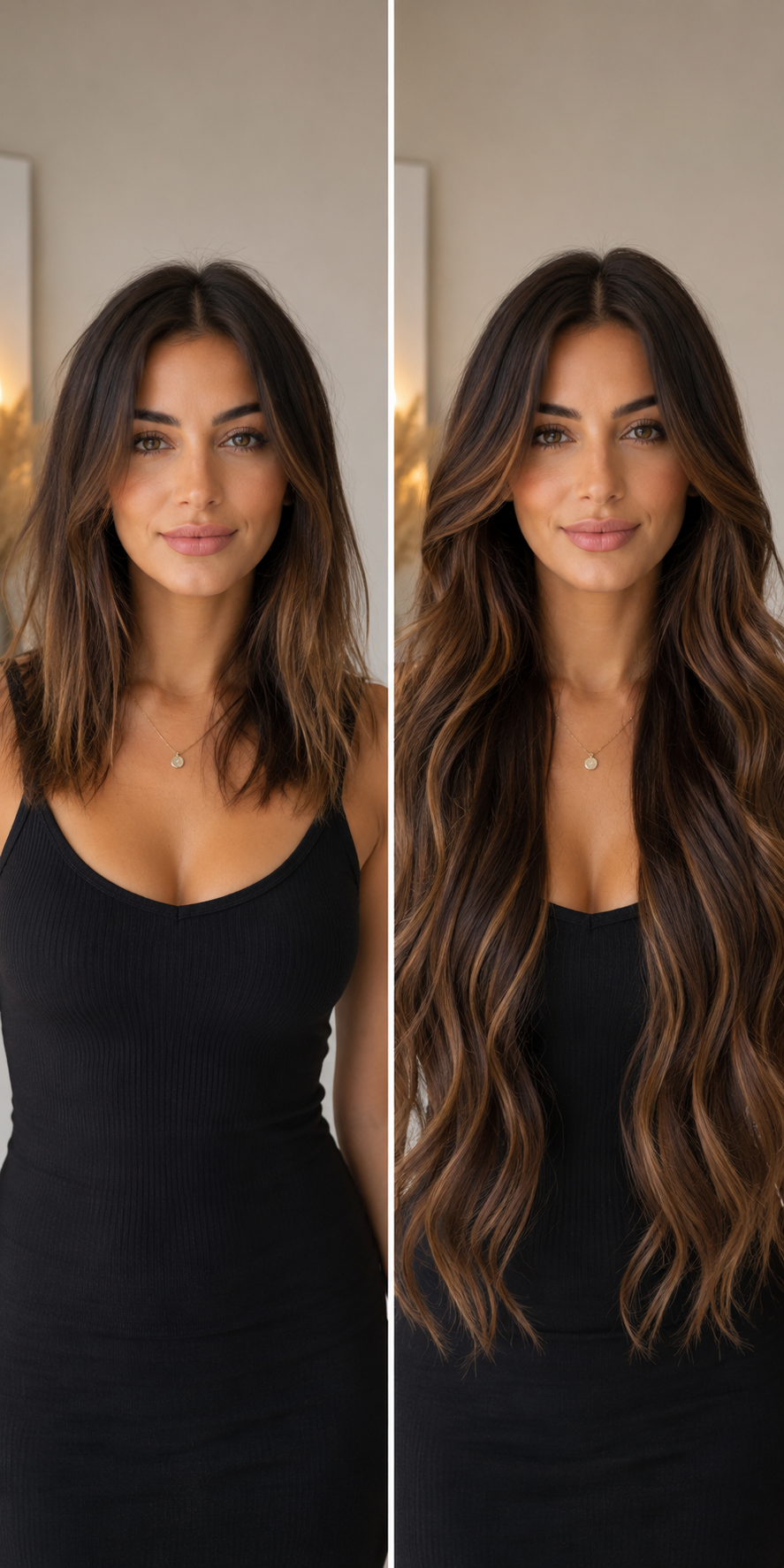 Real Bell Arte client before and after: short hair transformed into long, full hair extensions