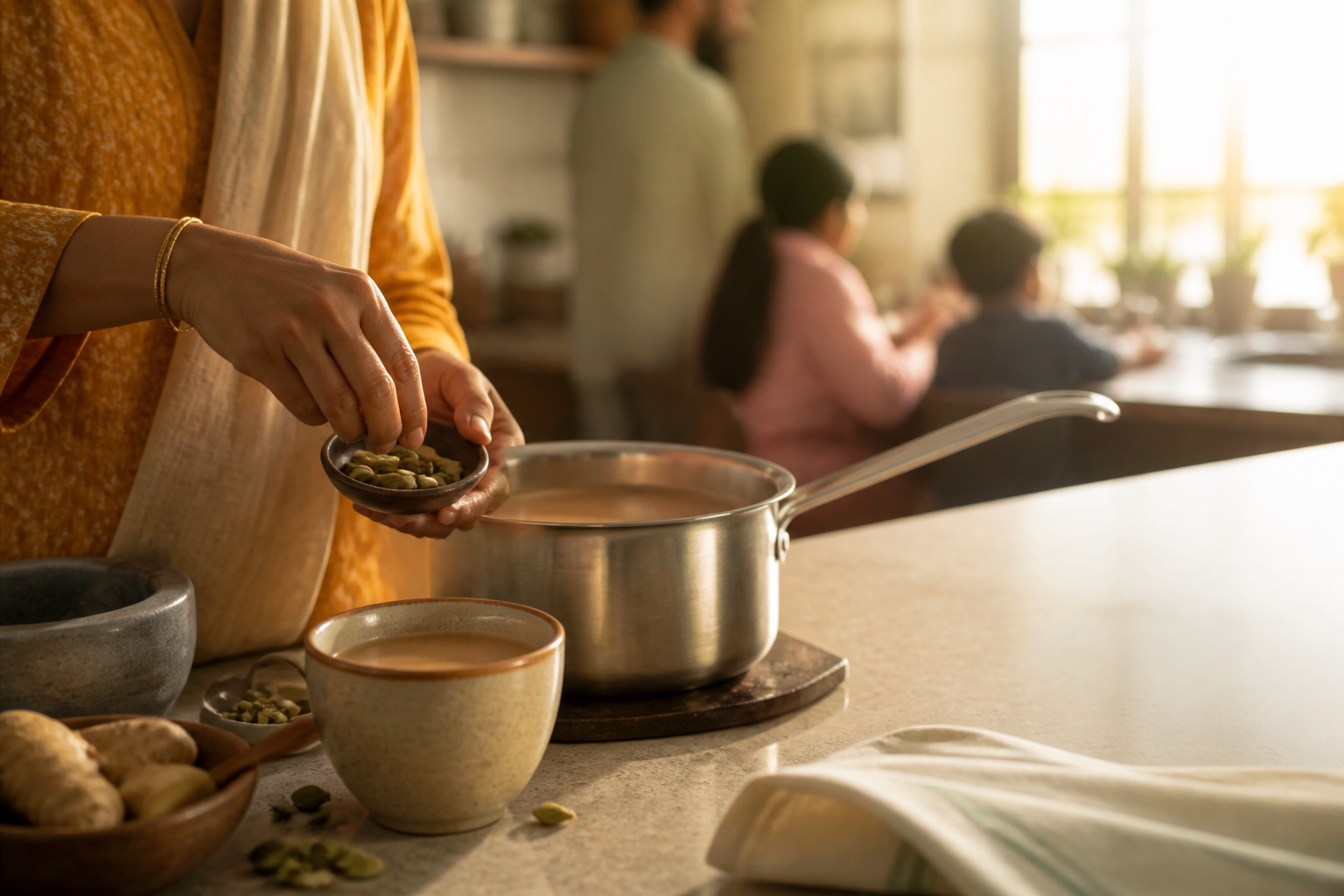 Warm Indian kitchen in morning light with hands preparing chai in a traditional pot beside spices and cooking vessels