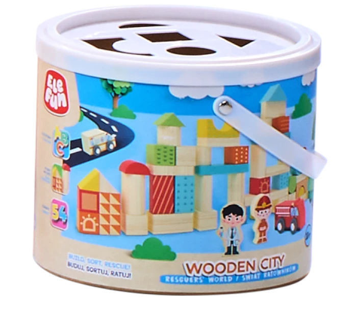 Okrągłe pudełko klock&oacute;w drewnianych firmy Elefun