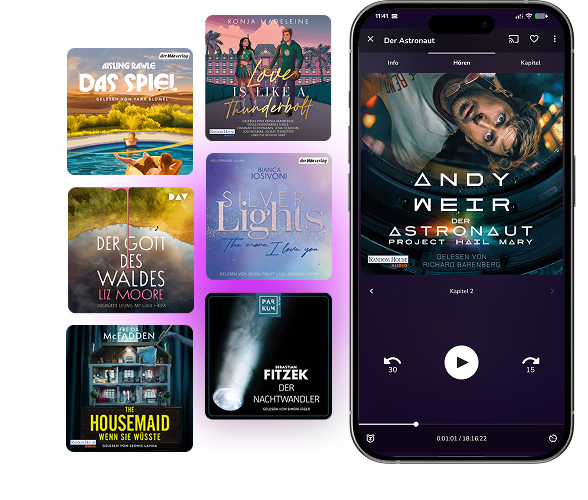 sechs verschiedene H&ouml;rbuchcovers und ein smartphone mit einer Player Ansicht