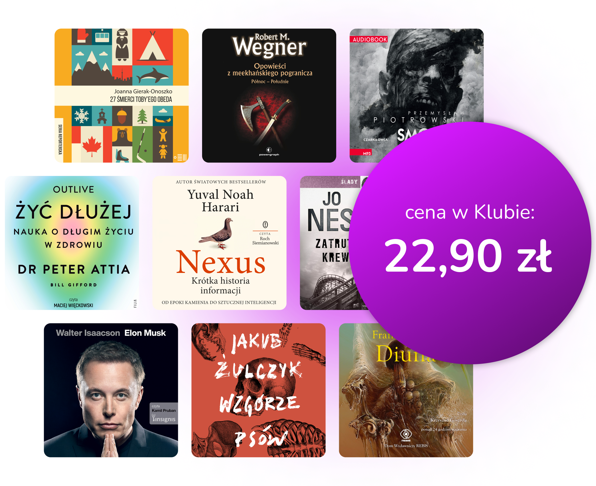 Okładki dostępnych audiobooków z nałożoną na nie ceną 22,99 zł