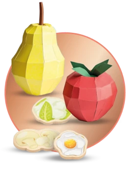 Okrągła grafika przedstawia jabłko i gruszkę, jajko,  zabawkowe produkty
