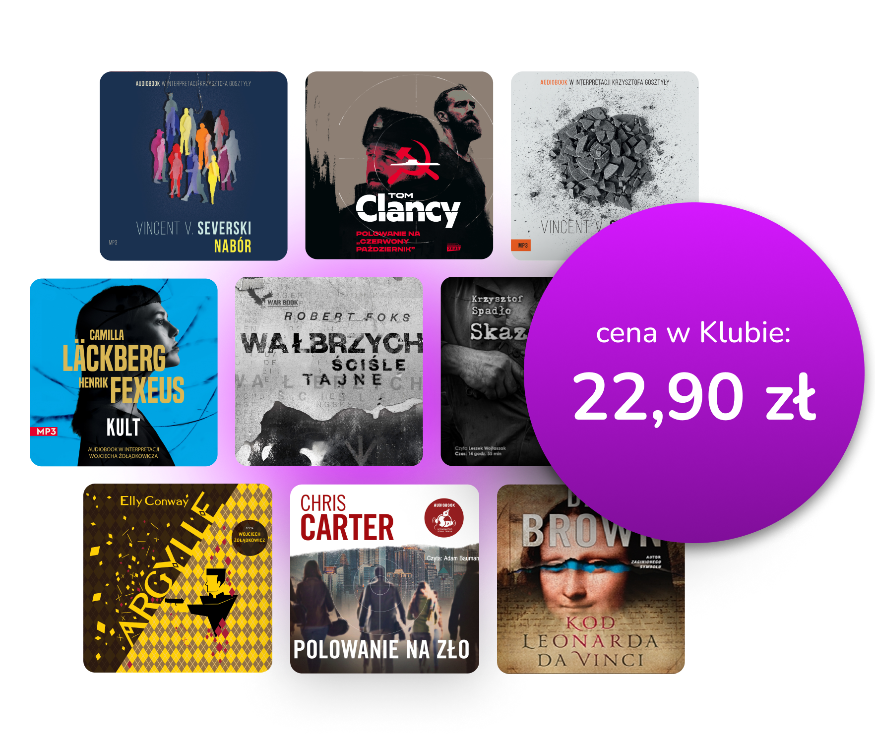 Okładki dostępnych audiobooków z nałożoną na nie ceną 22,99 zł