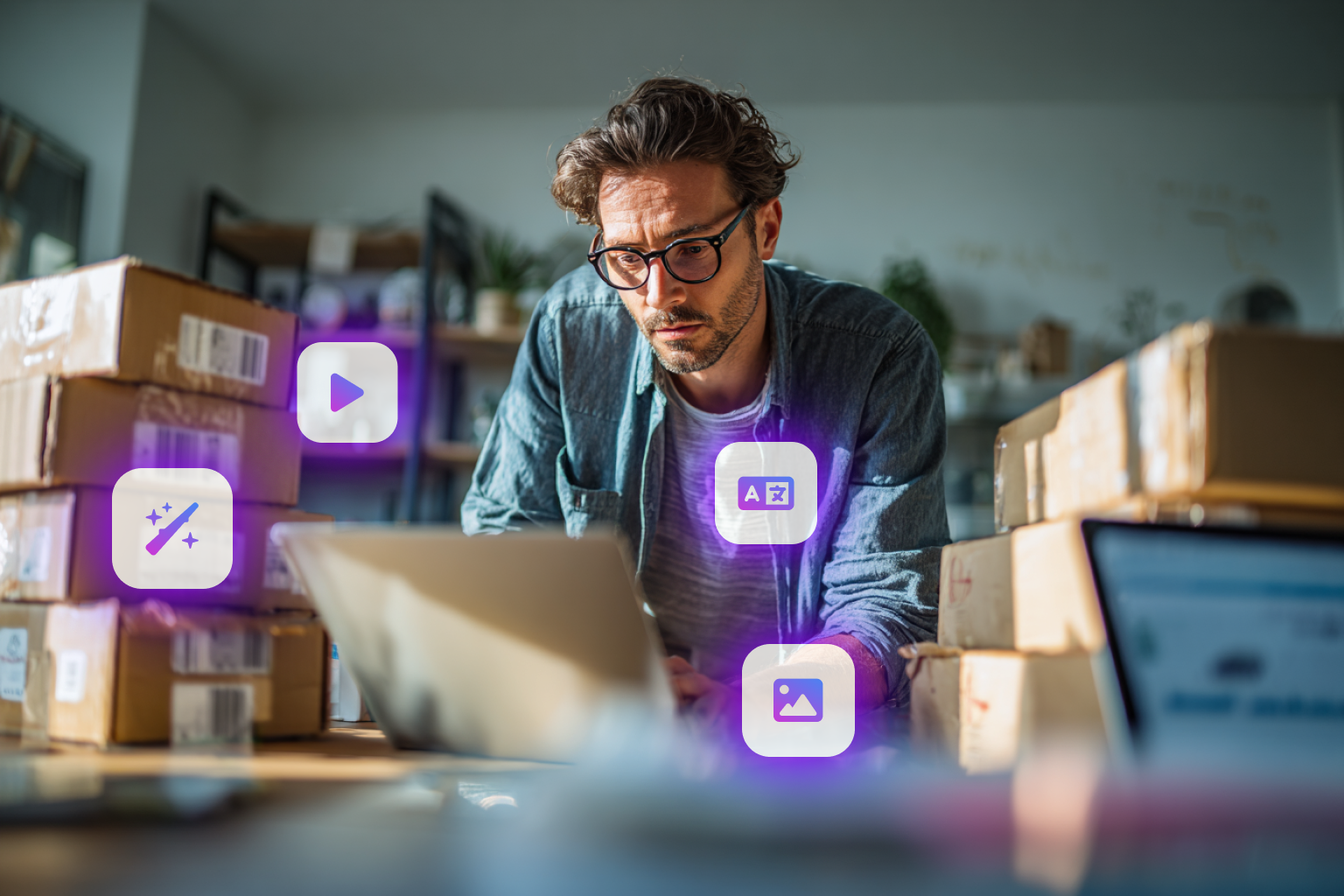 Mann schaut konzentriert auf seinen Laptop. Um den Laptop herum schweben Tool-Symbole.