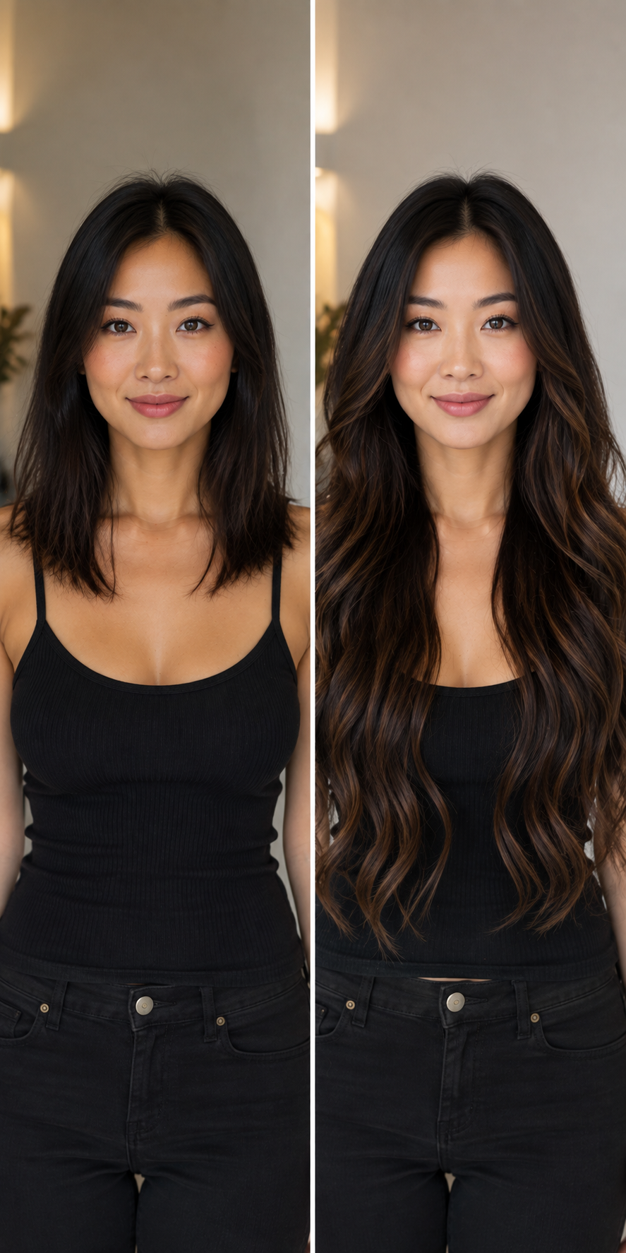 Real Bell Arte client before and after hair extension transformation with dramatic added length