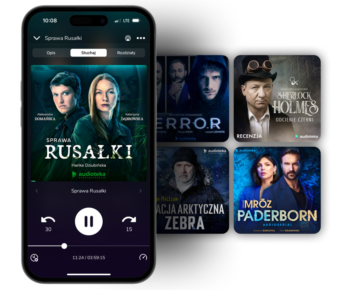 Grafika przedstawiająca premierowe audiobooki na ekranie smartfona