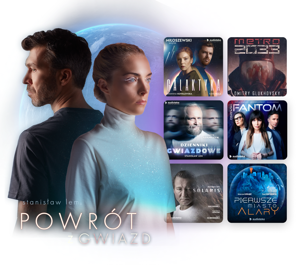 Zdjecie kobiety i mężczyzny,w tle ziemia i okładki audiobooków