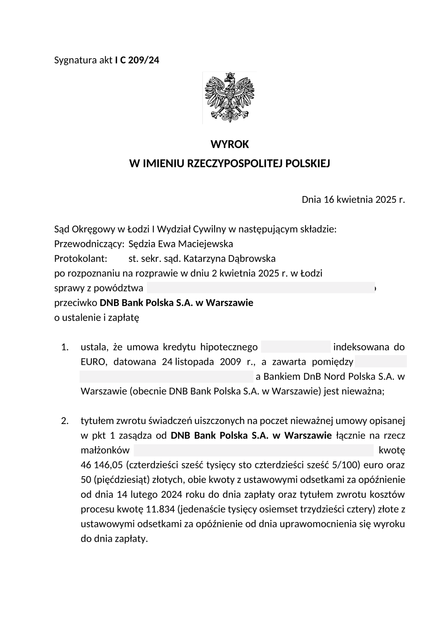 Wyrok euro DNB