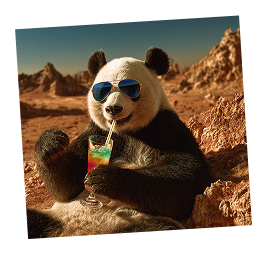 panda sączy kolorowy napój na Marsie