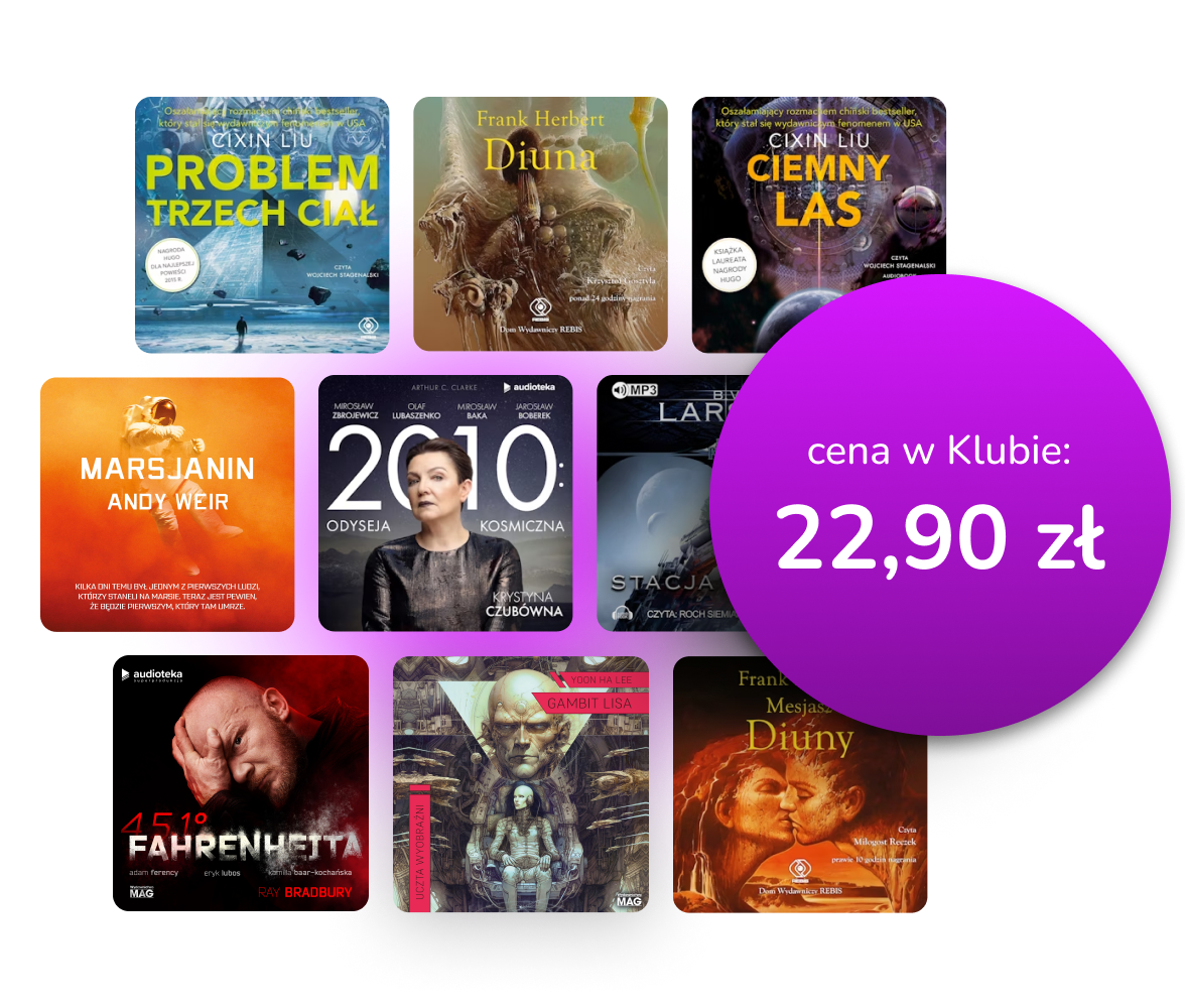 Okładki dostępnych audiobooków z nałożoną na nie ceną 22,99 zł