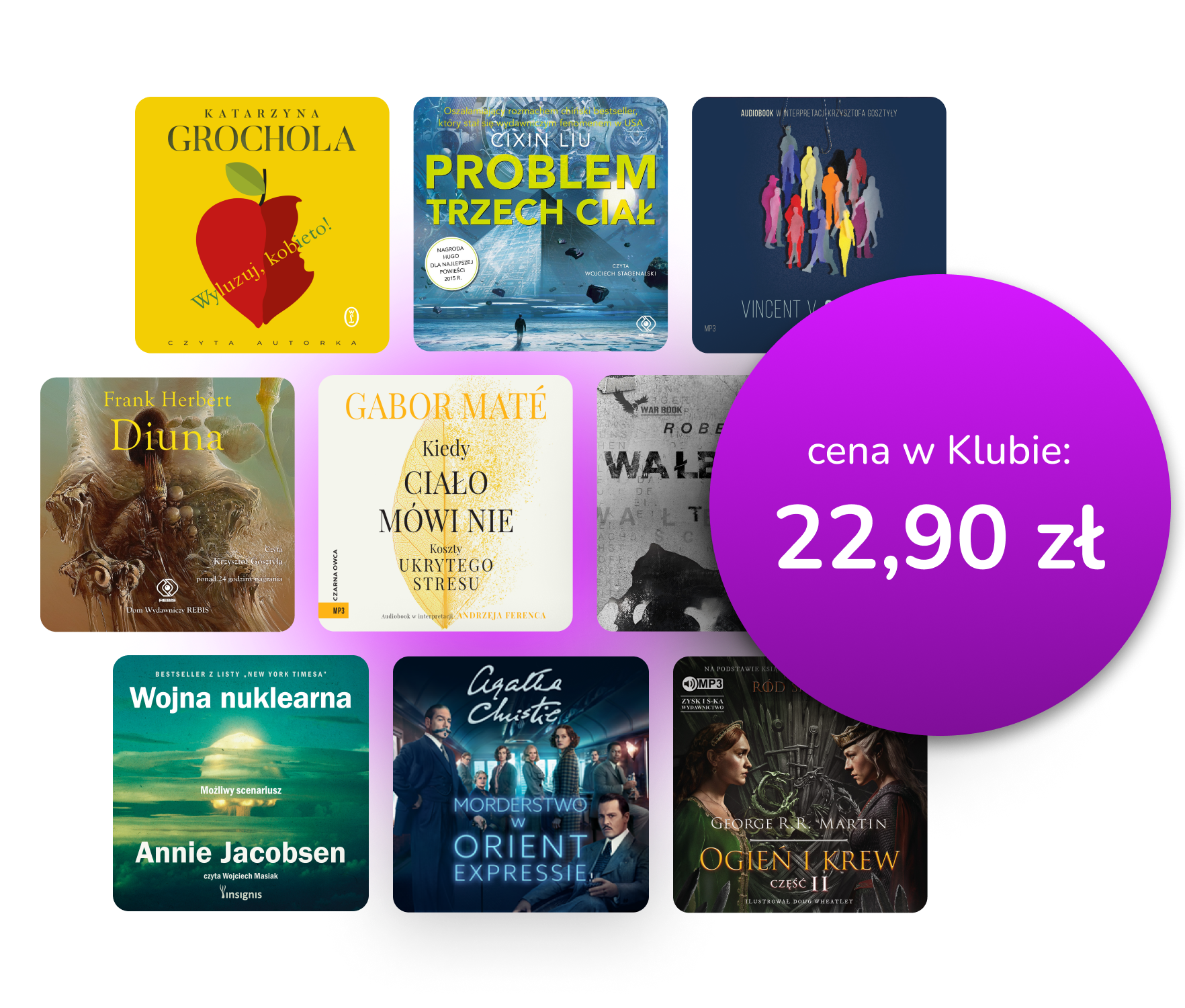 Okładki dostępnych audiobooków z nałożoną na nie ceną 22,99 zł