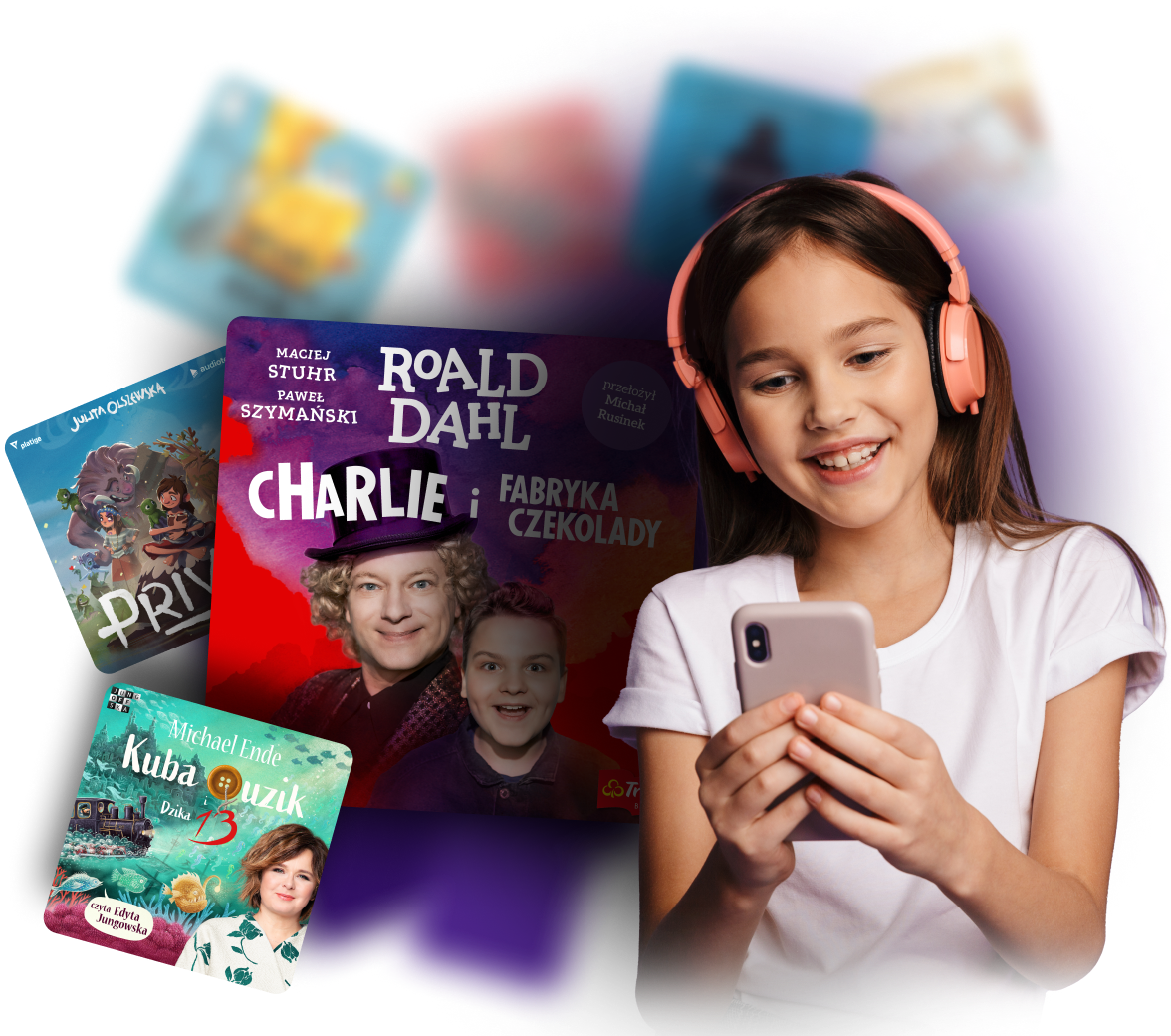 Zdjecie dziecka słuchającego audiobooka w aplikacji, w tle okładki audiobooków