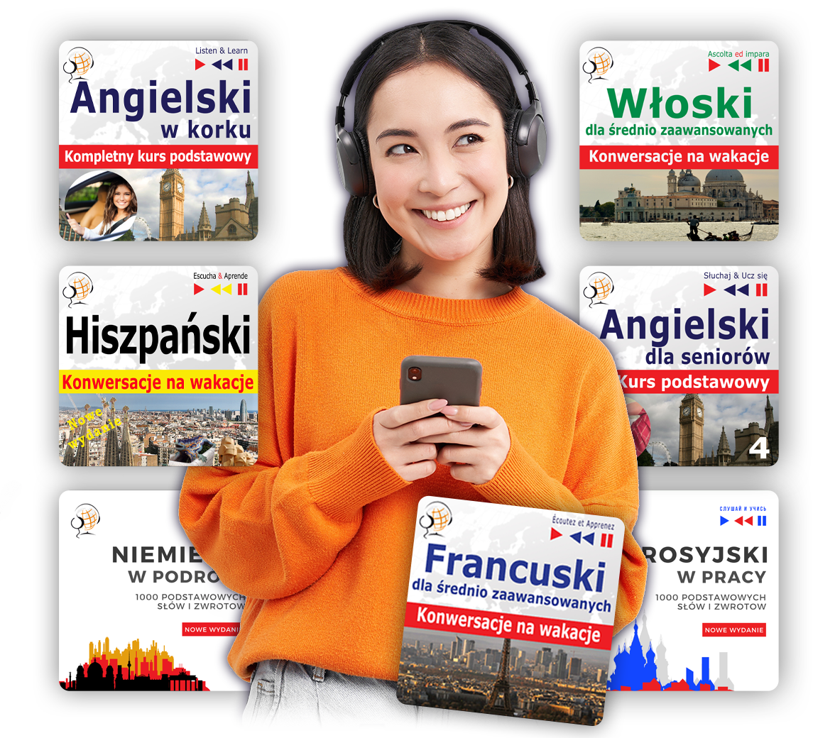 Zdjecie kobiety w słuchawkach, z okładkami audiobooków w tle