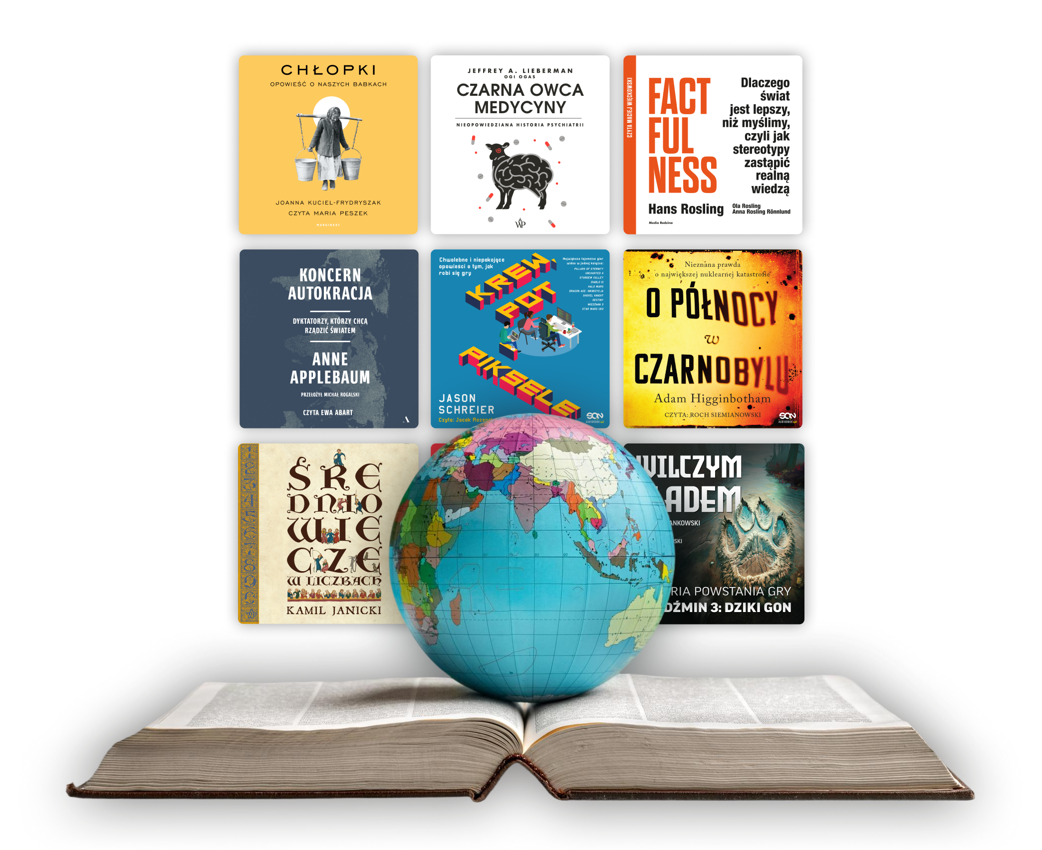 Zdjęcie globusu na otwartej księdze, okładki dostępnych w Audioteka Klub audiobooków w tle