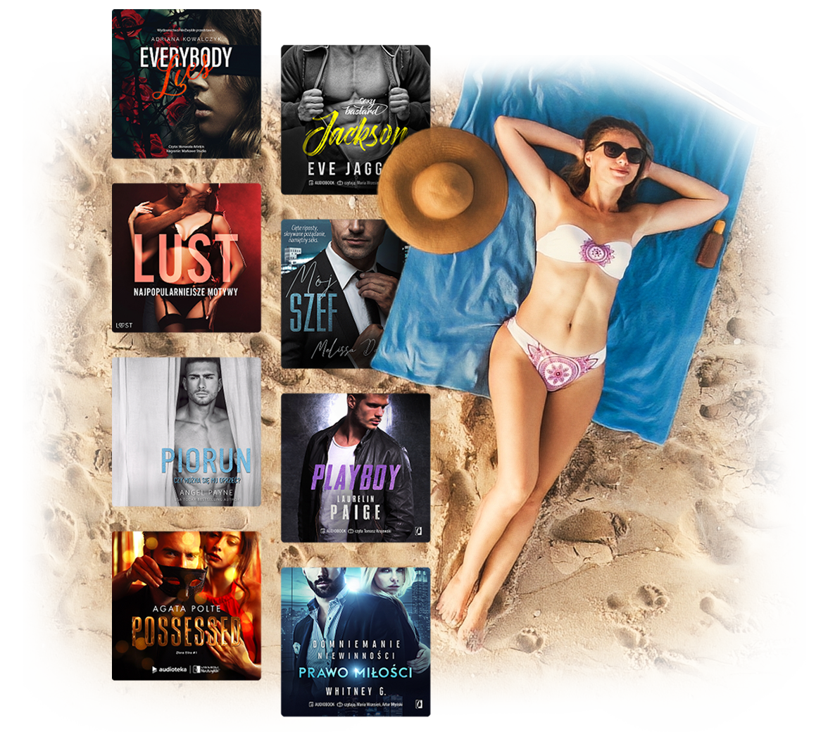 Zdjecie kobiety leżacej na plaży, w tle okadki audiobooków