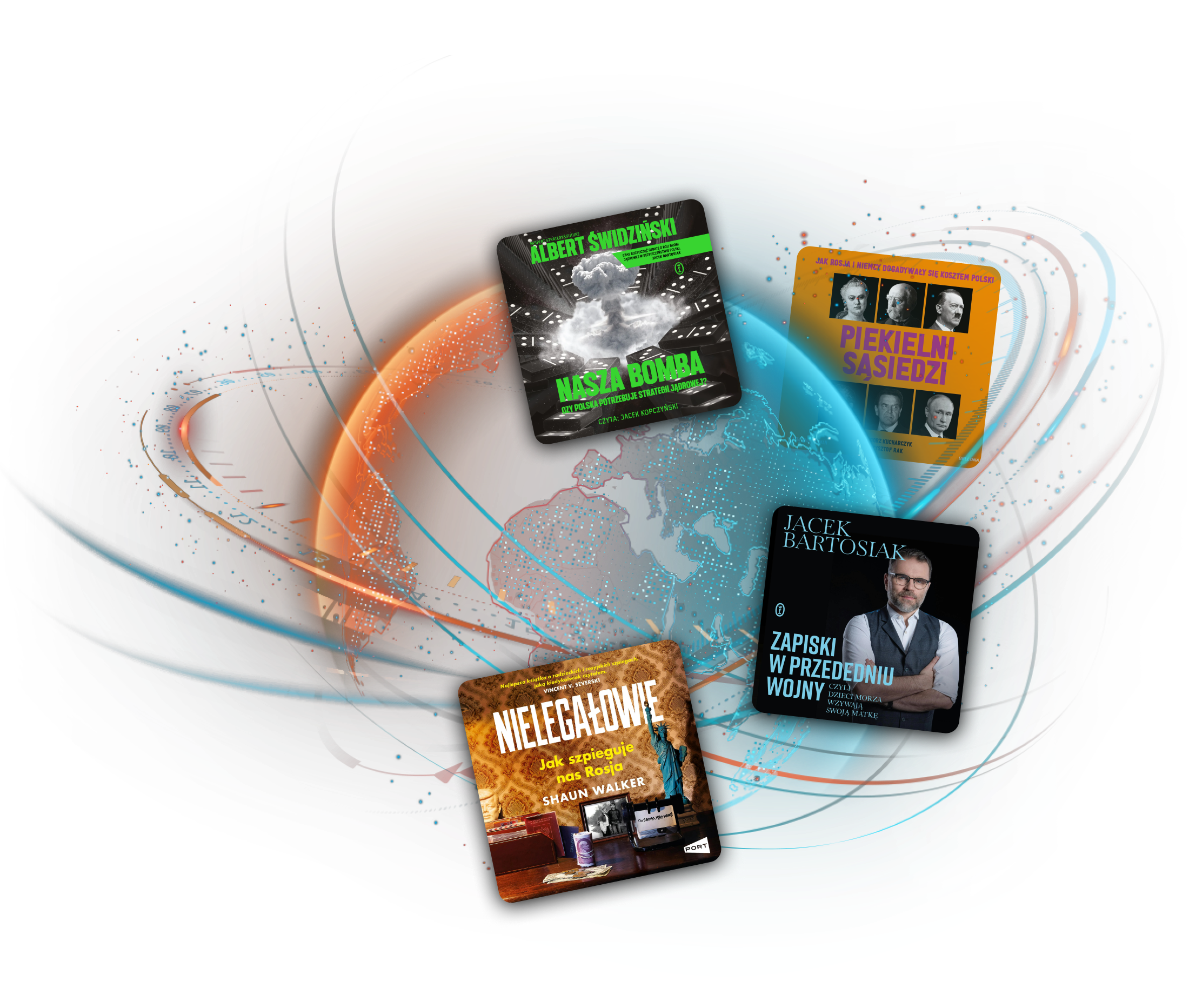 Zdjęcie globy wok&oacute;ł kt&oacute;rego wirują okładki audiobook&oacute;w