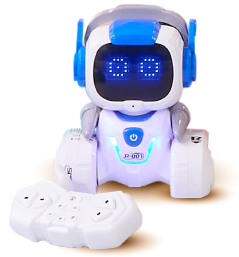 Biały robot, z czarną twarzą i niebieskimi okrągłymi oczami