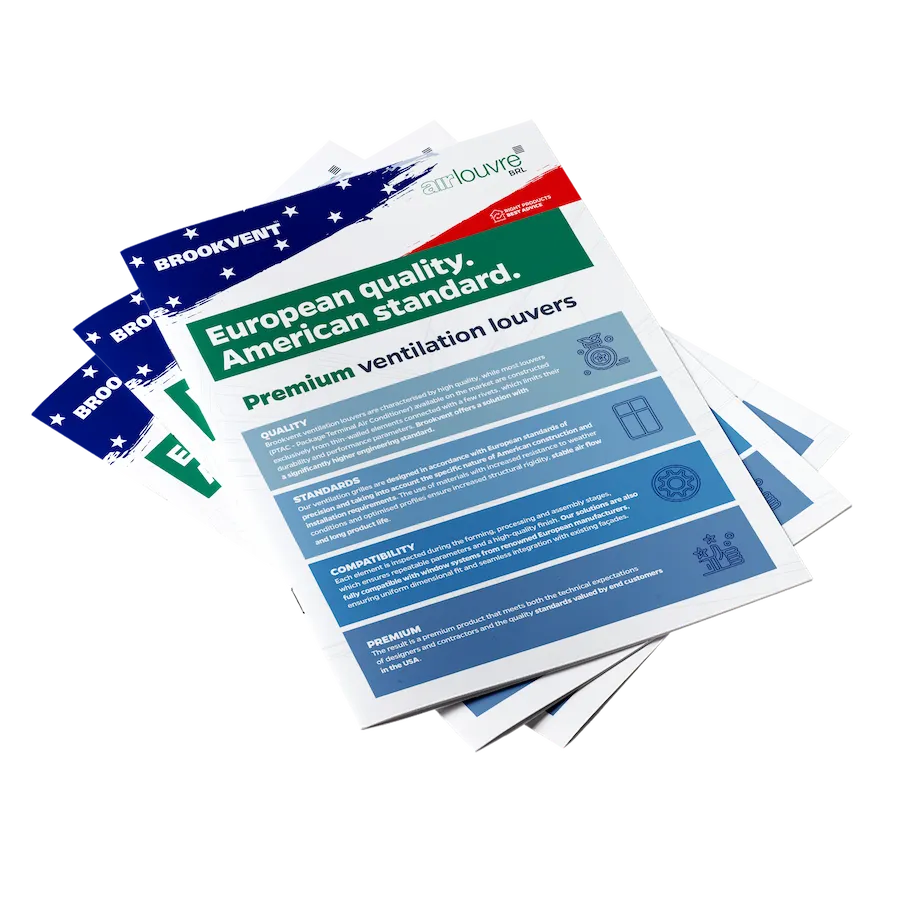 Cover of Brookvent PTAC Louvers Brochure featuring high-flow performance data and technical specifications