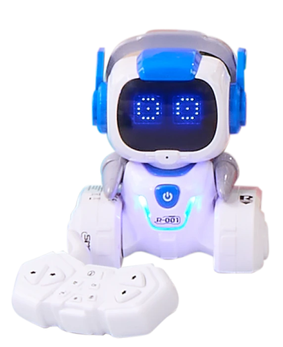 Biały robot z czarną buzią i niebieskimi oczami , zdalnie sterowany