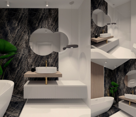 Projekt łazienki Salony Łazienek Wójcik Projekt nowoczesnej łazienki z kolekcją Elektra i Woodlay – elegancja czerni, bieli i drewna