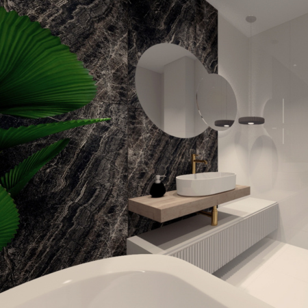 Ściana z ciemnym wybarwieniem została wyłożona płytkami Elektra Nero od Cristal Cerámicas. Projektowanie łazienek Kraków