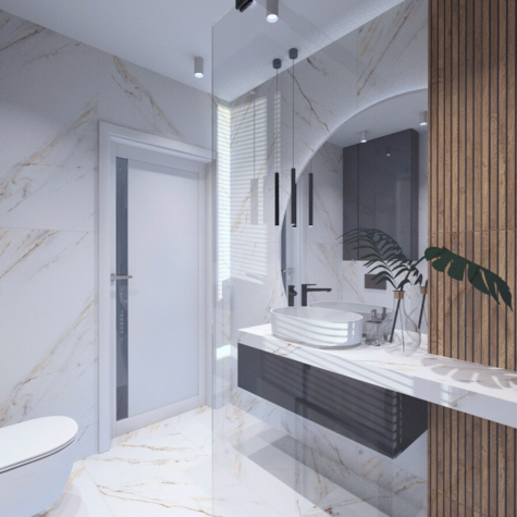 Projektowanie łazienek w Salonach Łazienek Wójcik Projekt łazienki został zrealizowany w duchu zasady „mniej znaczy więcej”, gdzie każdy element został starannie dobrany, aby podkreślić prostotę i elegancję przestrzeni