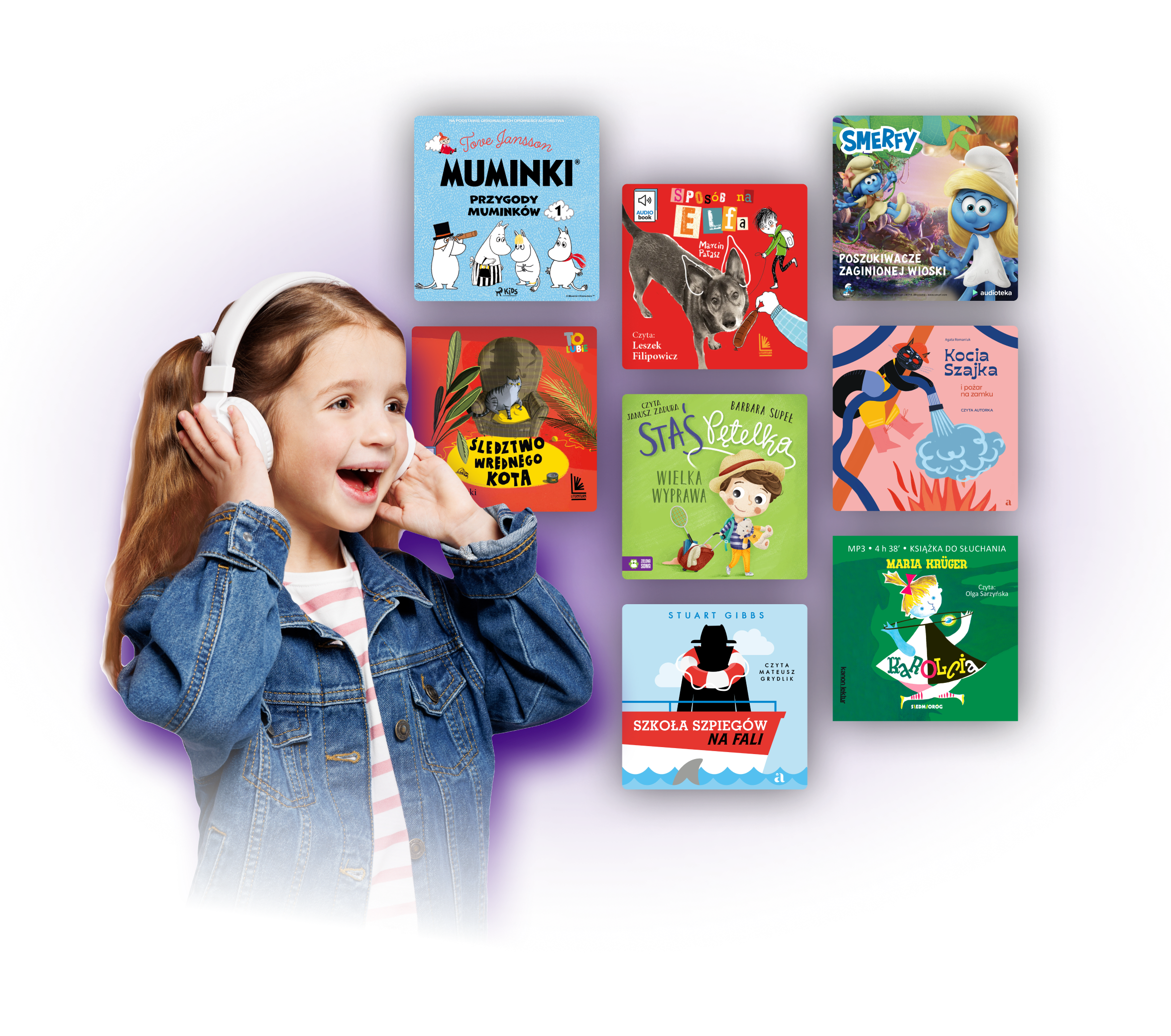 Zdjecie dziecka słuchającego audiobooka w aplikacji, w tle okładki audiobook&oacute;w