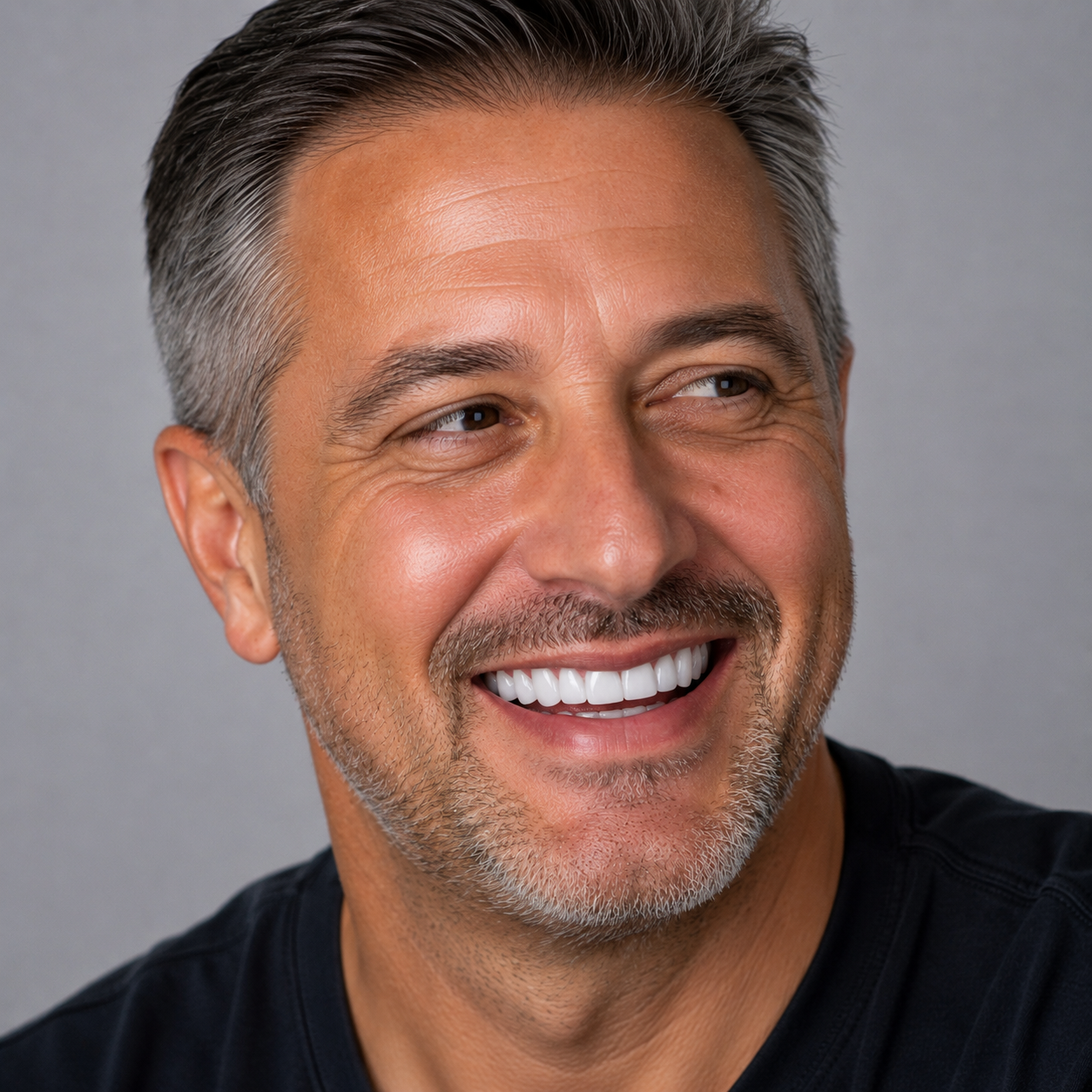 After single implant, restored natural tooth, age 52