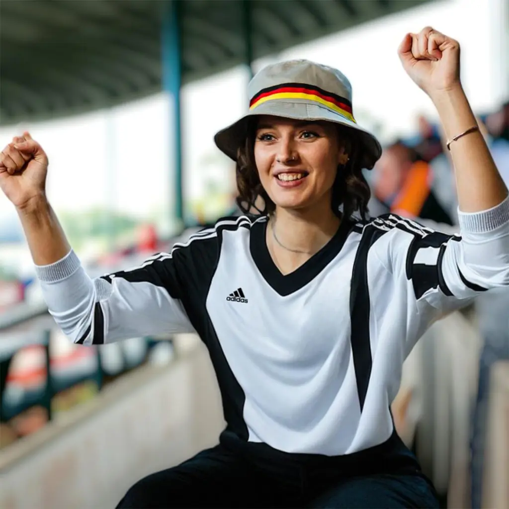 Der Bucket Hat Germany getragen als Teil eines Fan-Outfits &ndash; Fokus auf das Flaggenband in Schwarz-Rot-Gold.