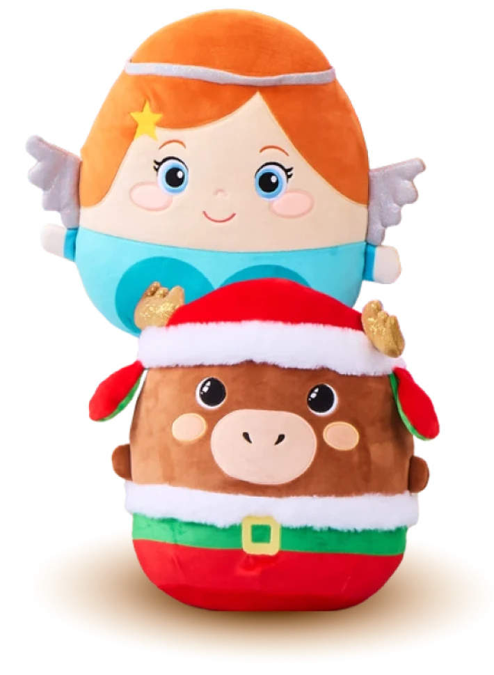 Dwie okrągłe maskotki o tematyce świątecznej, renifer i aniołek