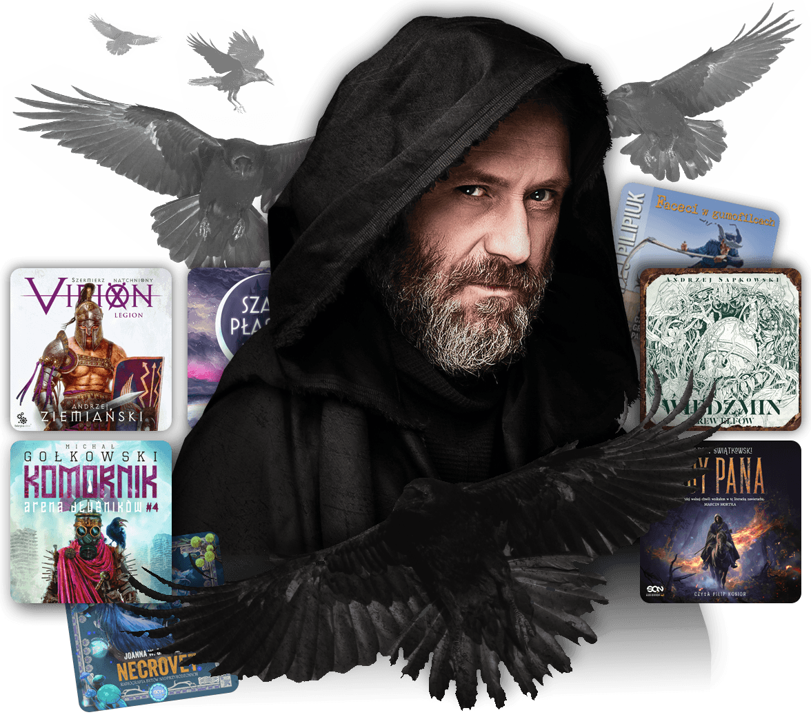 Zdjecie mężczyzny w kapturze na tle okładek audiobooków