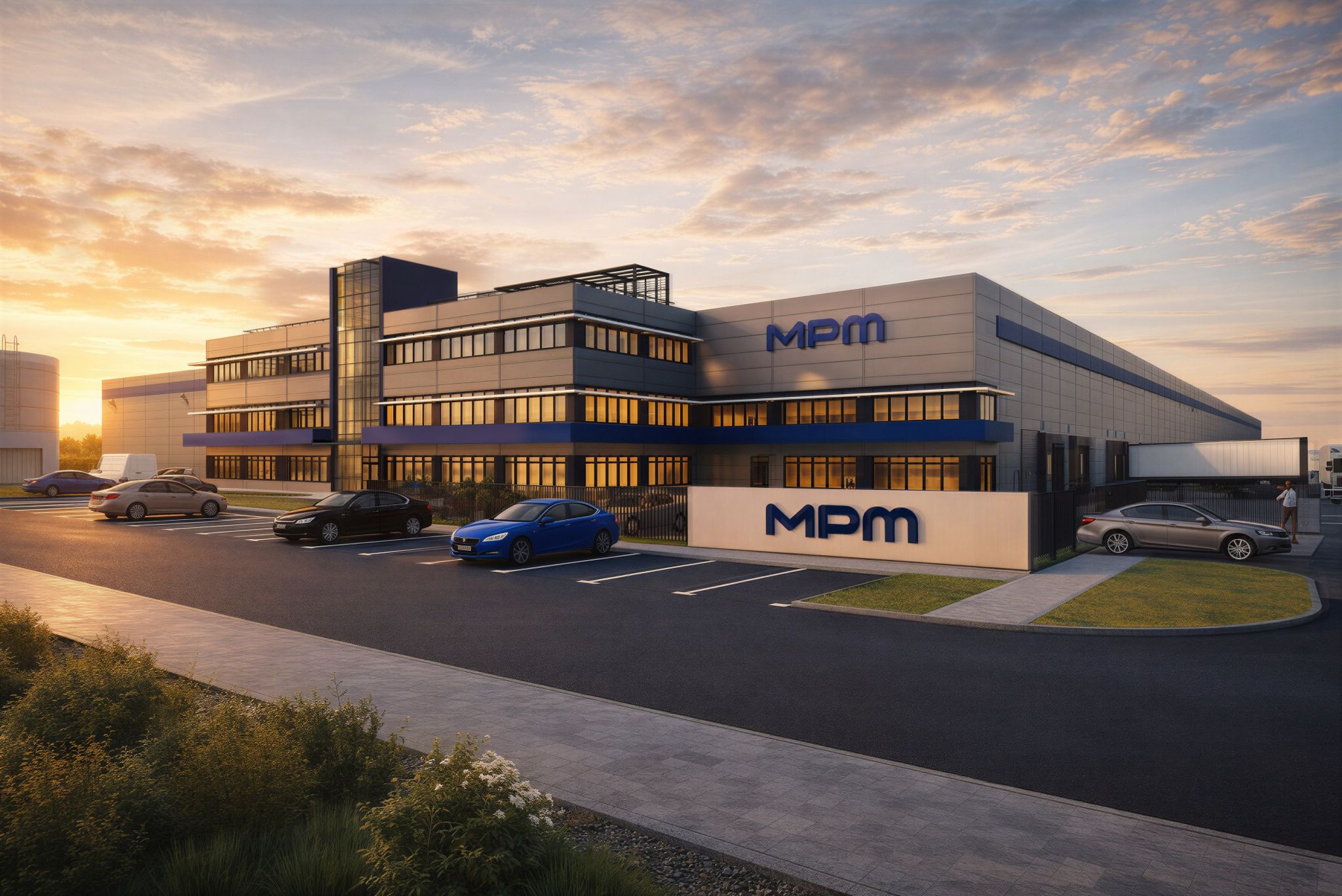 Modern white industrial building representing the new MPM Smart Home Appliances Innovation Center in Żyrardów