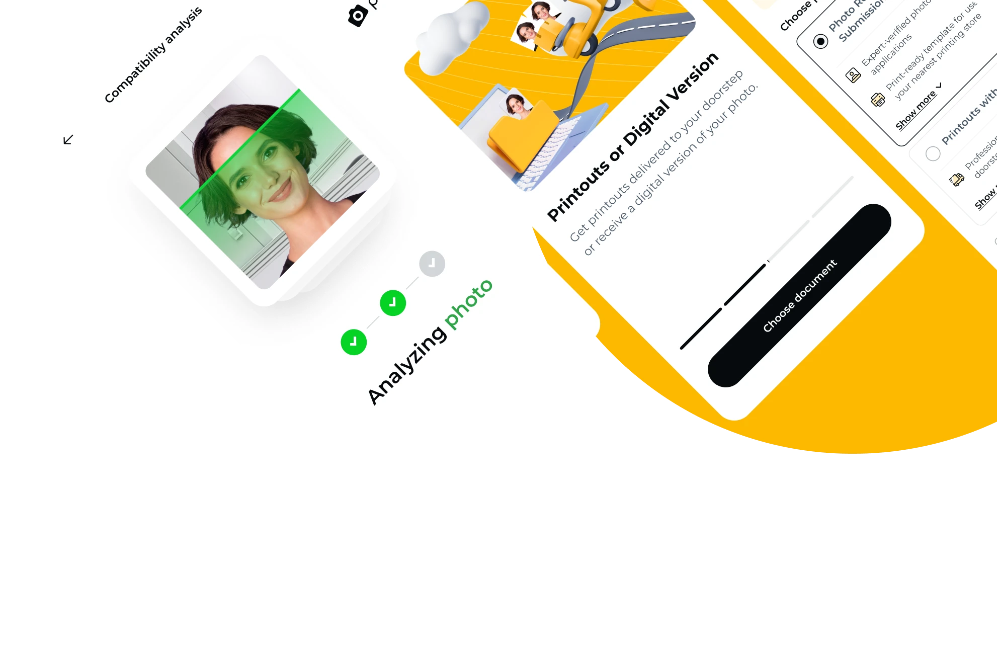 Zrzuty ekranu aplikacji PhotoAiD pokazujące analizę zdjęcia, wybór dokumentu i opcję dostawy wersji cyfrowej lub wydrukowanej