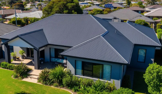 Solar panels and gutters on a residential house roof