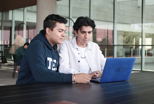Two young black haired man a looking on a laptop screen together