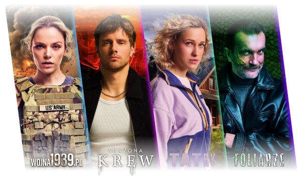 Grafika przedstawiająca bohaterów audiobooków "Wojna 1939: "Skażona Krew" "tatry" "Foliarze"