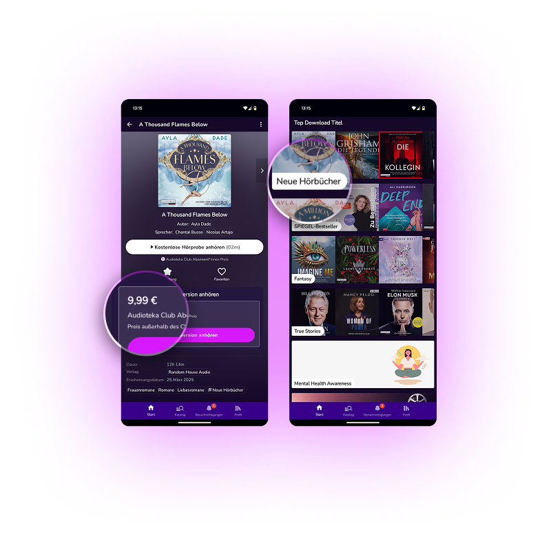 Ein Bild zeigt die mobile Ansicht der Anwendung zum Hören von Hörbüchern, wobei der Preis von 9,99 Euro und die Themenbereiche vergrößert angezeigt werden.