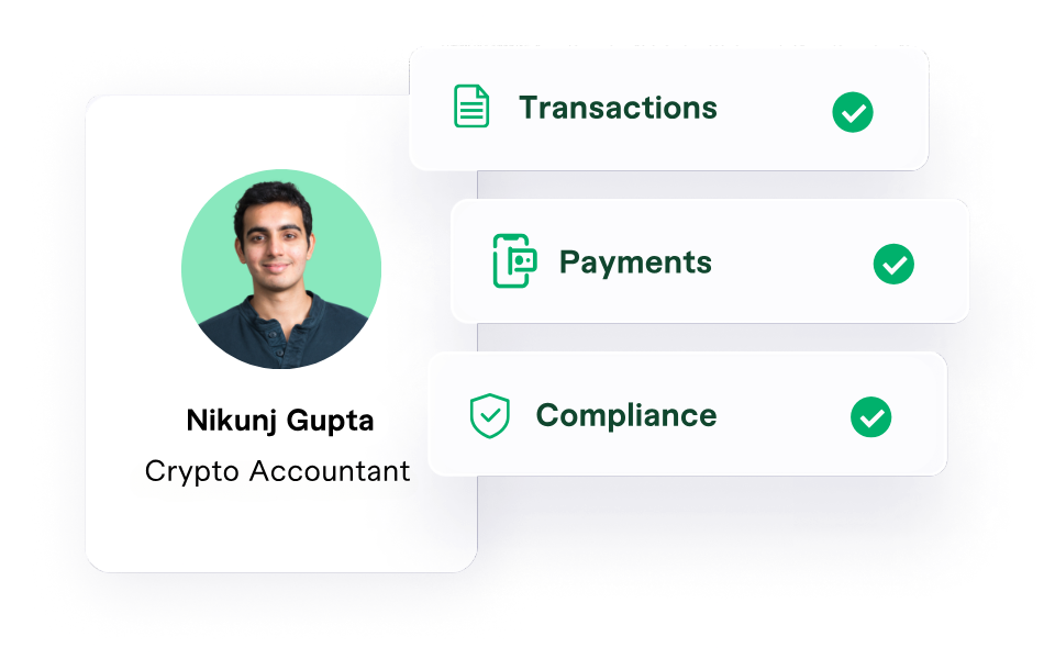Profile of a Crypto Accountant with icons indicating verified transactions, payments, and compliance.