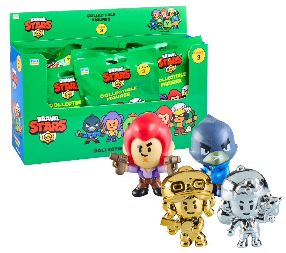 Małe figurki w zielonym pudełku, w zielonych foliowych opakowaniach z motywem Browl Stars