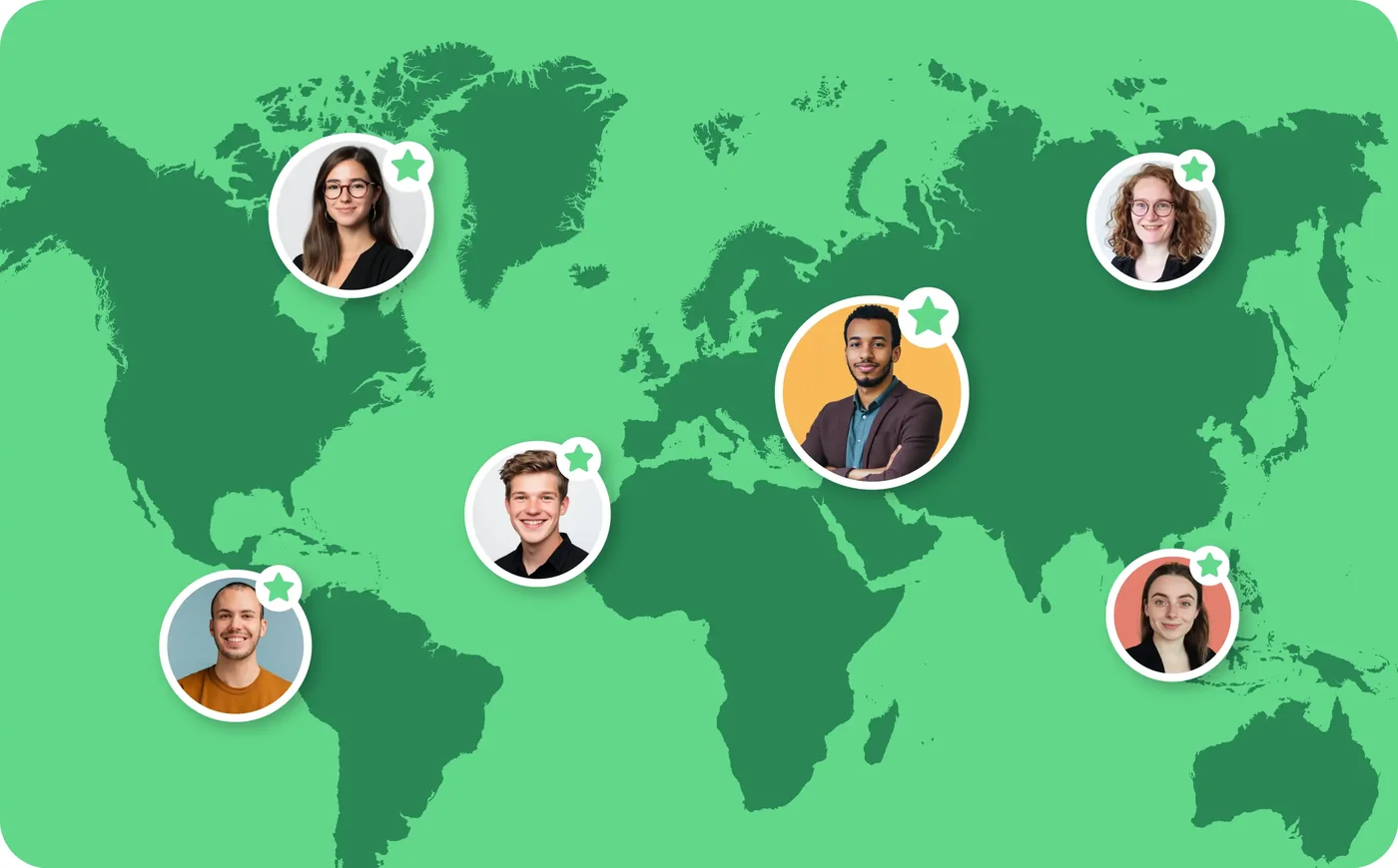 Global map with diverse professionals highlighted across continents, symbolizing worldwide recognition