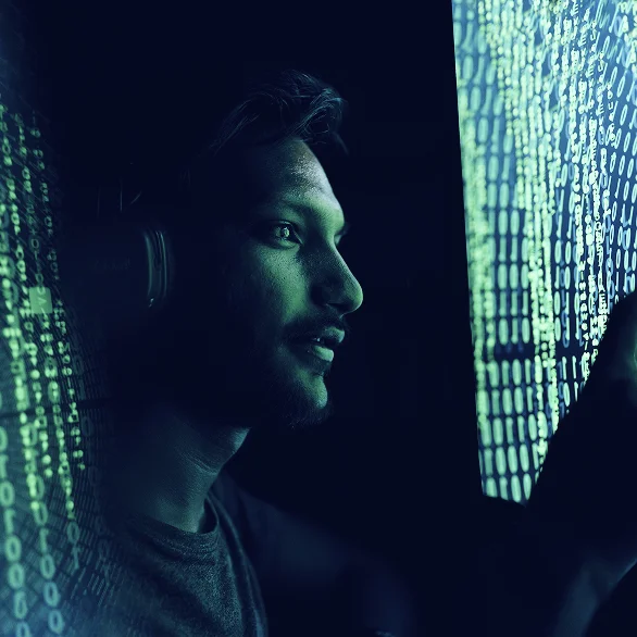 A male with headphones looking on a big green shiny screen with numbers