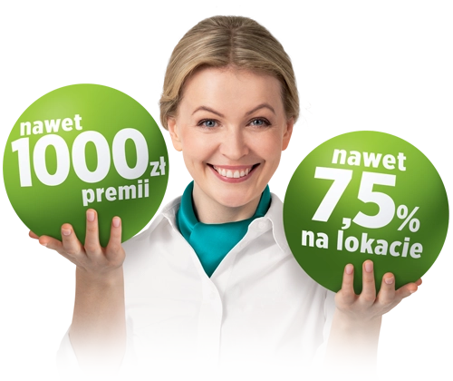 uśmiechnięta kobieta z ofertą nawet 1000 złotych premii i nawet 6,5 procent na lokacie
