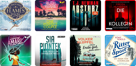 Acht Hörbuchcover: 'A Thousand Flames Below' mit Schwert und Flammen, 'One Perfect Couple' von Ruth Ware mit Strand, 'Kobr Schatten über Somarken' mit Windmühle, 'Die Kollegin' von Freida McFadden mit rotem Hintergrund, 'Amari und die Nachtbrüder' mit Mädchen und Schmetterling, 'Der Wolf im dunklen Wald' von Sia Piontek mit Wald, 'Wenn Ende gut, dann alles' von Volker Klüpfel mit Feder, 'Ritter Sport Ein Traum von Schokolade' mit Schokoladentafel.