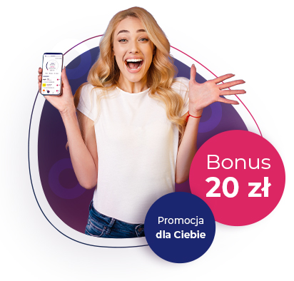 Młodzi kobieta i mężczyzna patrzący na siebie i trzymający telefony kom&oacute;rkowe. Na pierwszym plane dwie okrągłe aple z tekstem "Bonus 20 zł" oraz "Promocja dla Ciebie"